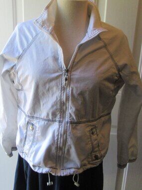 Vintage 90s white cotton zip up Oleg Cassini jacket with navy stitching sz M